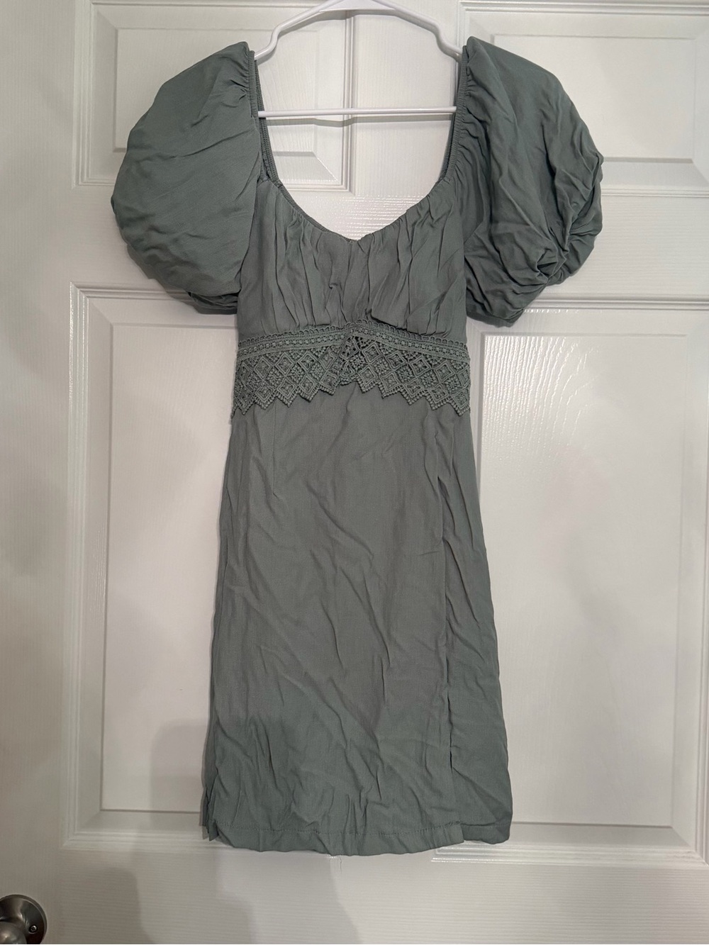 Altar'd State Sage Green Puff Sleeve Crochet-Waist Mini Dress